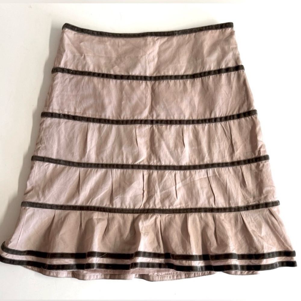 Vtg.Odille x Anthropologie Y2K Silk pink mini with purple velvet trim.Size 8